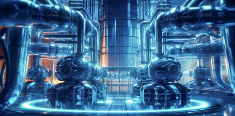 Illustration of an advanced industrial setup with pipes, blue lights and high tech elements. Future industry concept. Created with Generative AI technology.