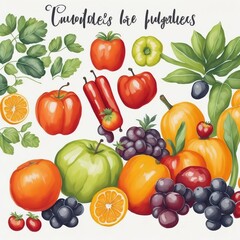Fruits and Vegetables: Craft colorful watercolor clipart of delicious fruits and vegetables, including apples, oranges, tomatoes, carrots, and peppers, to add a fresh touch to your designs.