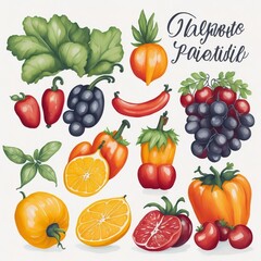 Fruits and Vegetables: Craft colorful watercolor clipart of delicious fruits and vegetables, including apples, oranges, tomatoes, carrots, and peppers, to add a fresh touch to your designs.