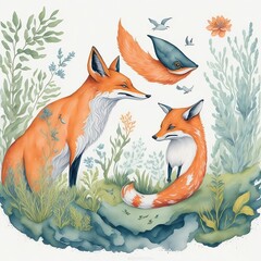 Animals in Nature: Design whimsical watercolor illustrations of animals in their natural habitats, such as a fox in a forest, a whale in the ocean, or a bird in a garden.