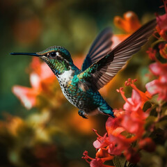 Obraz premium Ruby-throated Hummingbird (Colibri colubris) in flight with flowers in background