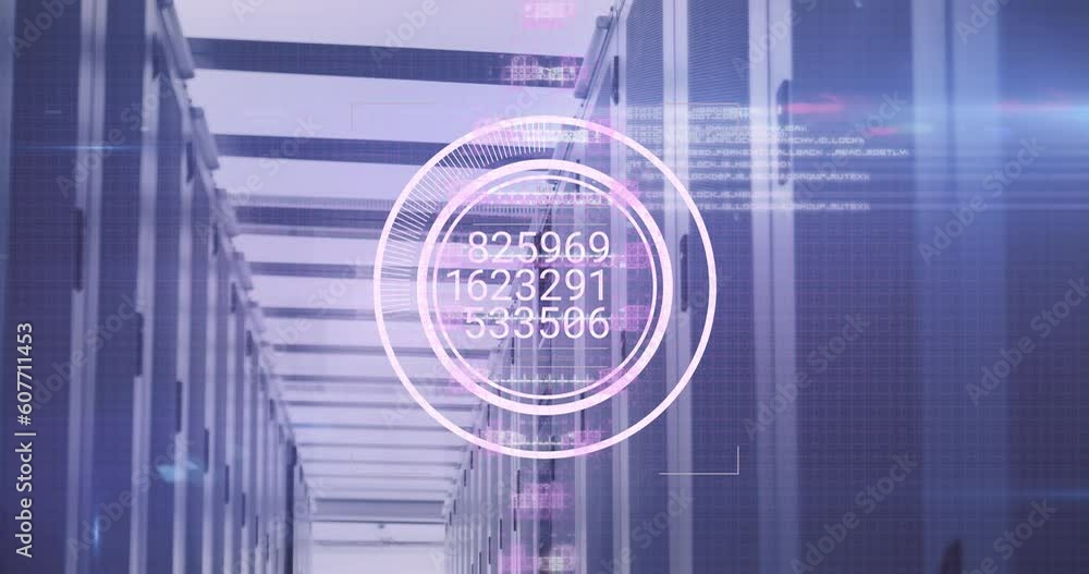 Poster animation of changing numbers over round scanners and dna structure spinning against server room