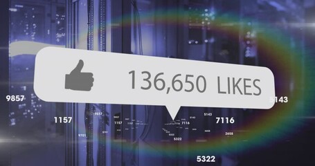 Animation of like icon with increasing numbers and rainbow flare against computer server room - Powered by Adobe
