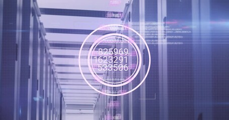 Animation of changing numbers over round scanners and dna structure spinning against server room - Powered by Adobe