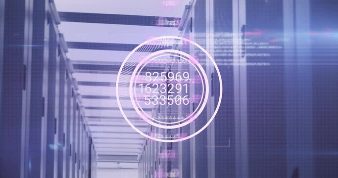 Animation of changing numbers over round scanners and dna structure spinning against server room - Powered by Adobe