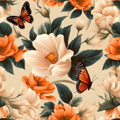 seamless background with flowers and butterflies