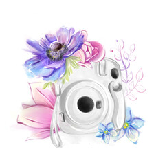Watercolor style instant camera with spring flowers. Forget-me-nots, magnolias, anemones. Clipart on the theme of travel, moments, romance
