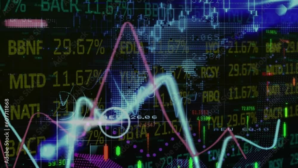 Poster animation of financial and stock market data processing over world map against black background