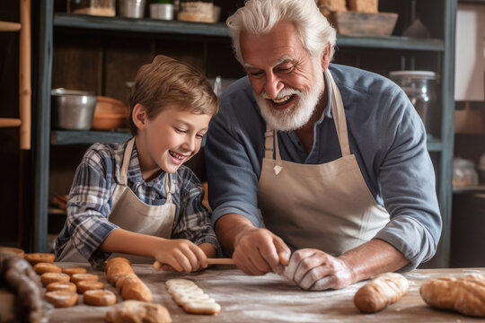 grandfather and grandson baking together. Generative AI