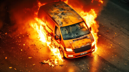 In the heart of the city, a van suddenly explodes into a fiery spectacle, transforming the serene street into a stage of blazing chaos . Generative AI - obrazy, fototapety, plakaty