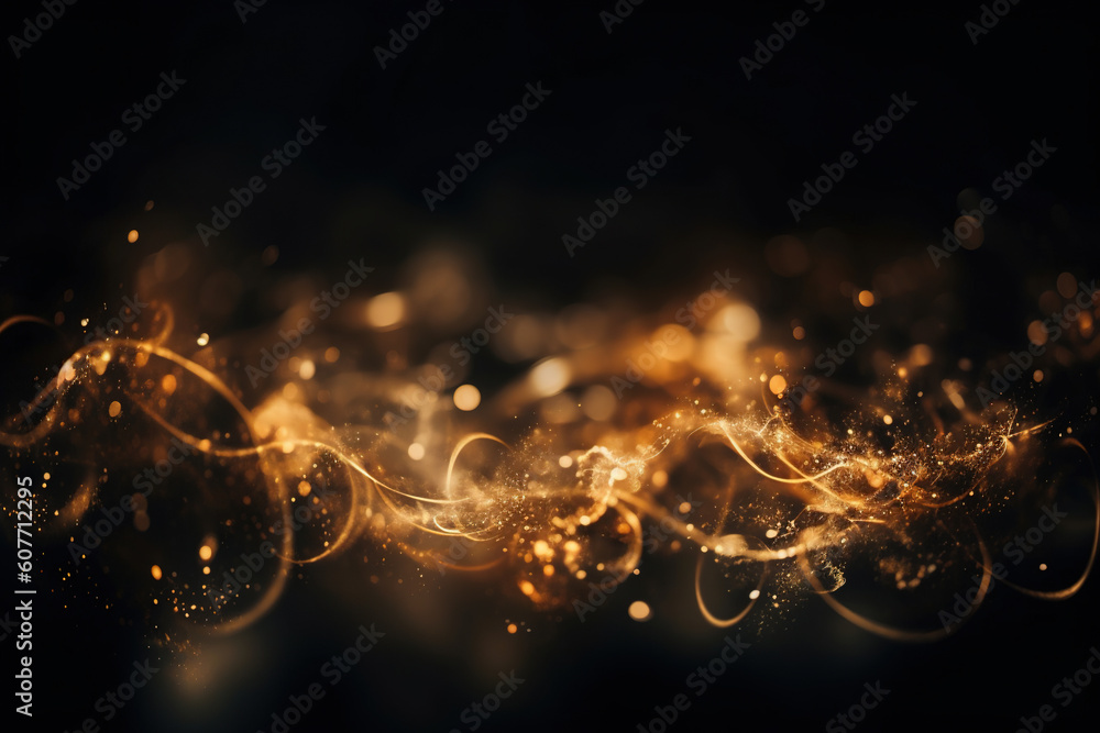 Poster a dark background adorned with dreamy golden swirly bokeh lights overlay, creating a mesmerizing and