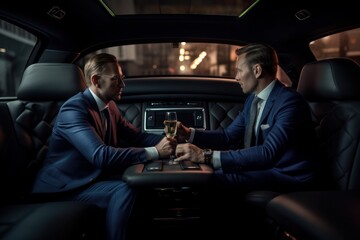 Making a deal between two businessmen in suits in limousine - obrazy, fototapety, plakaty