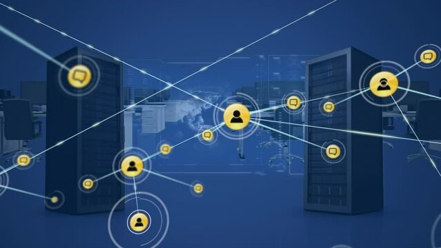 Animation of network of digital icons and data processing over computer servers and 3d office model
