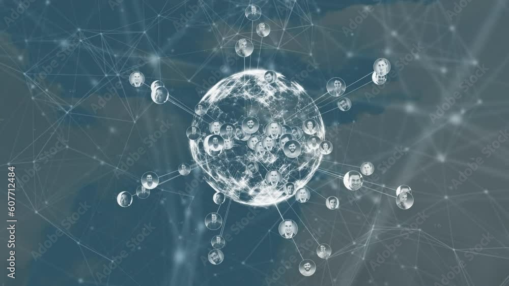 Poster animation of globe of business profile icons and network of connections against clouds in the sky
