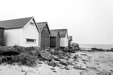Black And White Shot Traditional Coastal Beach Huts
