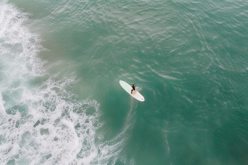 Obraz premium Surfer surfs on a board in the sea, view of the sea and a surfer from a drone and height, top view of an athlete in the sea,generative AI.
