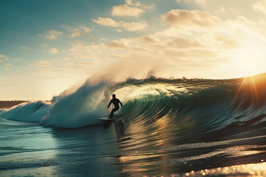 Surfer swims under crystal ocean wave, surfer balance on board while swimming, generative AI