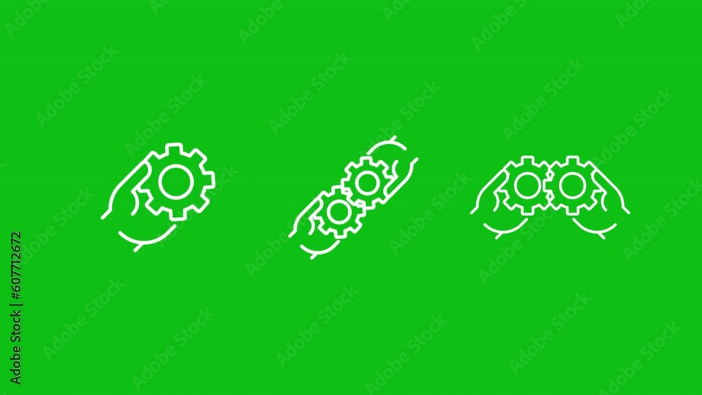 Poster teamwork white icon animation. animated line hands joining gears. team collaboration. software devel