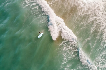 Surfer surfs on a board in the sea, view of the sea and a surfer from a drone and height, top view of an athlete in the sea,generative AI.