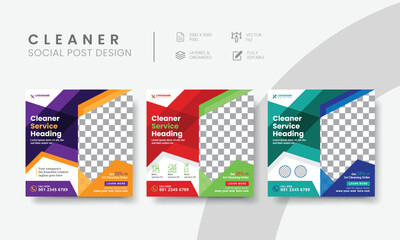 Fototapeta premium Creative cleaning service social media post for commercial marketing. Corporate office, home, and hotel cleaning business square social media web banner layout. Vol - 29