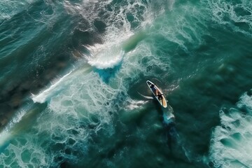 Obraz premium Surfer surfs on a board in the sea, view of the sea and a surfer from a drone and height, top view of an athlete in the sea,generative AI.