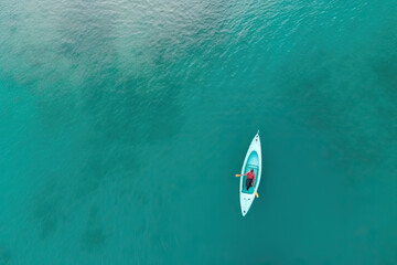 Sportsman swims on a kayak in the sea, drone view of a kayak in the sea, generative AI. - obrazy, fototapety, plakaty