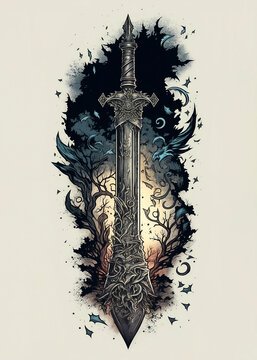Illustration of the sword in the stone, abstract. Generative AI