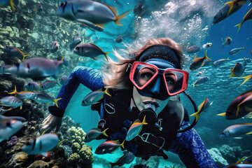 A person is engaged in diving and explores the marine world, a diver sees sea corals and fish under water, generative AI.