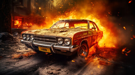 Fototapeta na wymiar In the aftermath of a raging city fire, a single car stubbornly glows in flames on an empty street, a chilling spectacle of recent fury. Generative AI