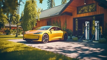 Electric Car Charging at Home with Clean Energy Technology. Generative AI