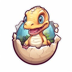sticker with cute little dino appearing from an egg, ai tools generated image