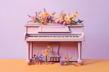 Beautiful music instrument piano with flowers on pastel background. Generated AI.