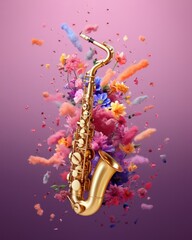 Beautiful music instrument saxophone with flowers on pastel background. Generated AI. - obrazy, fototapety, plakaty