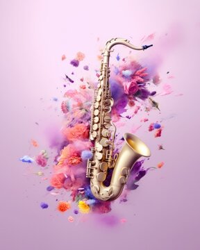 Beautiful music instrument saxophone with flowers on pastel background. Generated AI.