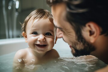 Tender moments in the bath: Father's love and care. Generative AI