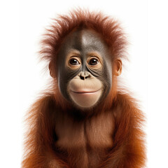 Obraz premium Cute baby orangutan isolated on a white background. Generative AI