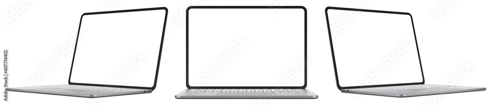 Poster laptop devices with transparent screens at different angles. realistic rendering.