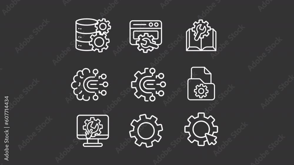Poster animated configuration white icons. software engineering line animation. setting cogwheel. it compan