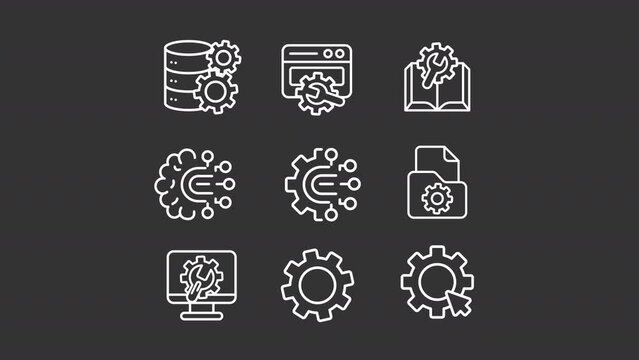 Animated configuration white icons. Software engineering line animation. Setting cogwheel. IT company. Loop HD video with chroma key, alpha channel, transparent background. Outline motion graphic