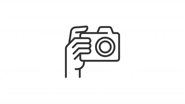 Animated camera in hand line icon. Taking photo animation. Finger pressing button. Photography equipment. Hand holding. Loop HD video with alpha channel, transparent background. Outline motion graphic