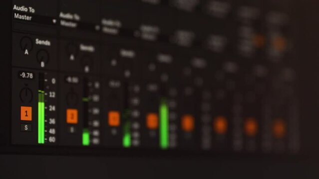 Digital audio volume level meters, music production, close up