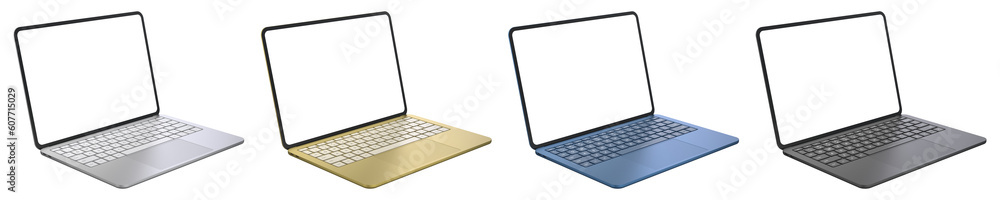 Poster laptop devices with transparent screens positioned diagonally in a wide range of colors. realistic r