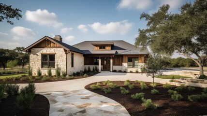 Home architecture design in Ranch Style with Garage constructed by Brick, wood trim, asphalt roof material. Single-story design with a low-pitched roof. Generative AI AIG25 . - obrazy, fototapety, plakaty