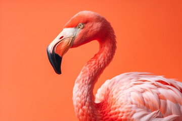Pink flamingo, close up portrait on bright background. AI generated