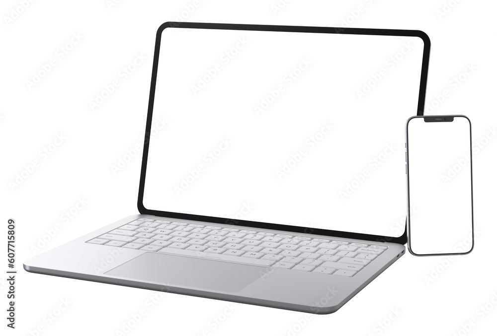 Poster a laptop with a smartphone on the right side with transparent screens. realistic rendering.
