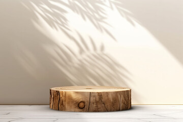 Minimal natural wood podium with green palm leaf with sunlight background. Minimal wooden stand for branding and packaging presentation. Generative Ai
