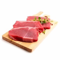 Fresh raw beef meat steak slices on wooden cutting plate, Generative ai