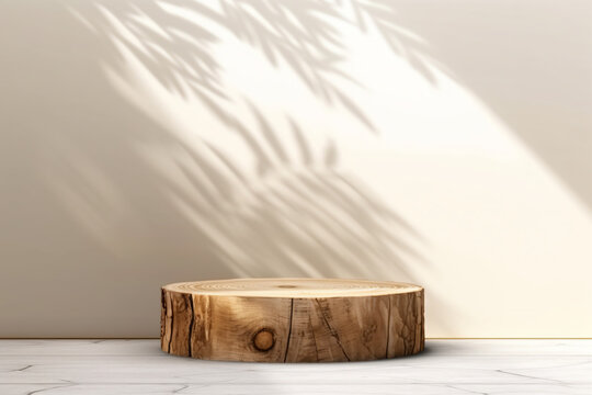 Minimal natural wood podium with green palm leaf with sunlight background. Minimal wooden stand for branding and packaging presentation. Generative Ai