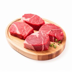 Fresh raw beef meat steak slices on wooden cutting plate, Generative ai