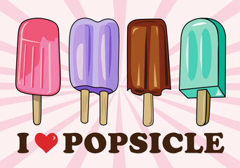 Ice cream popsicle sticks variety of sweet flavors. It's summer time for dessert menu. Vector illustration for text poster design shop and banner.